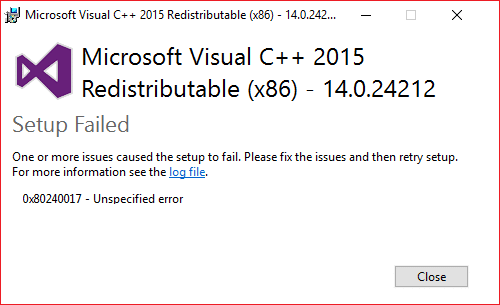 Fiks Microsoft Visual C++ 2015 omdistribuerbart oppsett mislykkes Feil 0x80240017