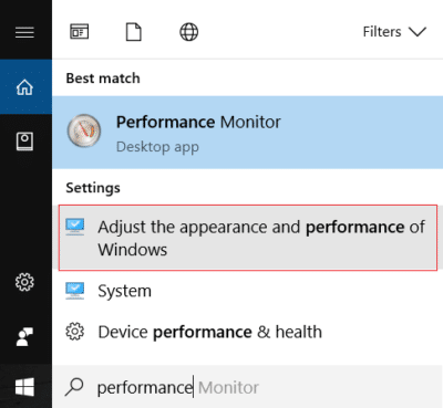 Fare clic su Regola l'aspetto e le prestazioni di Windows