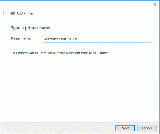 프린터 이름 아래에 Microsoft Print to PDF를 입력하고 다음을 클릭합니다.