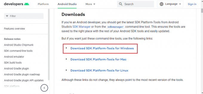 Öppna den officiella webbplatsen för att ladda ner Android SDK Platform Tools och klicka på länken Ladda ner SDK Platform Tools för Windows i avsnittet Nedladdningar