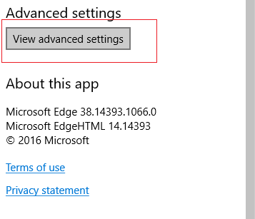 Spustelėkite Peržiūrėti išplėstinius nustatymus Microsoft Edge