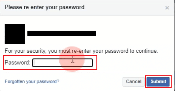Voer het wachtwoord van uw FB-account in en klik op Verzenden