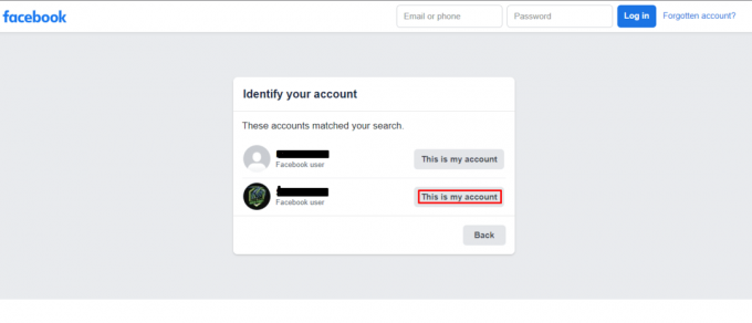 Сега изберете акаунта, който искате да възстановите, и щракнете върху опцията Това е моят акаунт до него. | Как да прехвърлите Facebook акаунт на нов телефон