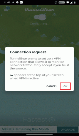 Erteilen Sie einer Verbindungsanfrage die Erlaubnis, das Netzwerk über eine VPN-Verbindung zu verwalten, indem Sie auf OK | tippen | Beheben Sie den Google Play-Fehlercode 495 auf Android