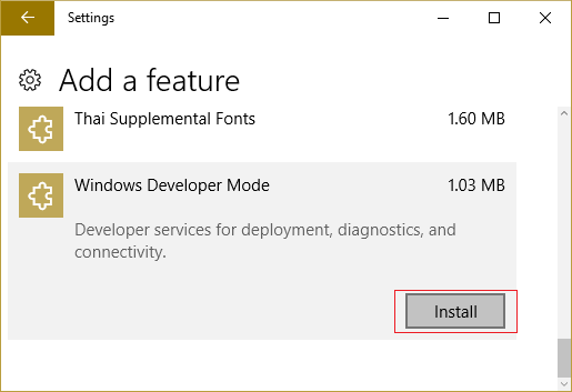 დააწკაპუნეთ ინსტალაცია Windows Develper Mode-ზე
