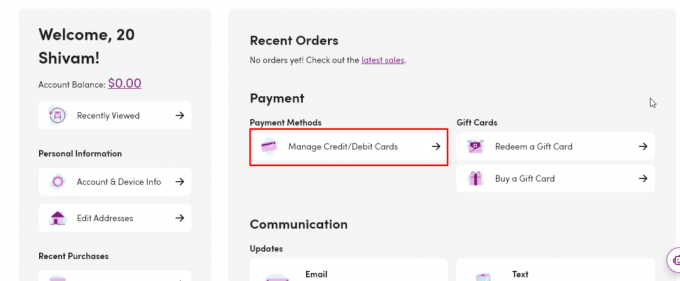 W menu ustawień Konta kliknij opcję Zarządzaj kartami kredytowo-debetowymi w sekcji Płatności | Obsługa klienta Wayfair