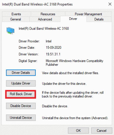 Ga naar het tabblad Driver en selecteer Roll Back Driver. Herstel netwerkfout 0x00028001 op Windows 10