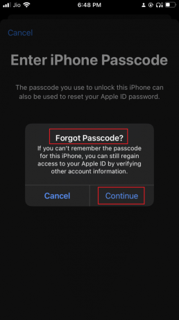 tik op Doorgaan in de pop-up Wachtwoord vergeten op iPhone