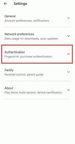 Bakstelėkite išskleidžiamąją parinktį Autentifikavimas. Ištaisykite „Google Play“ autentifikavimo klaidą „Android“.