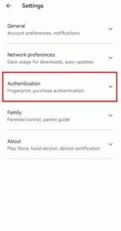 Tik op de vervolgkeuzelijst Authenticatie. Fix Google Play-verificatie is vereist Fout op Android