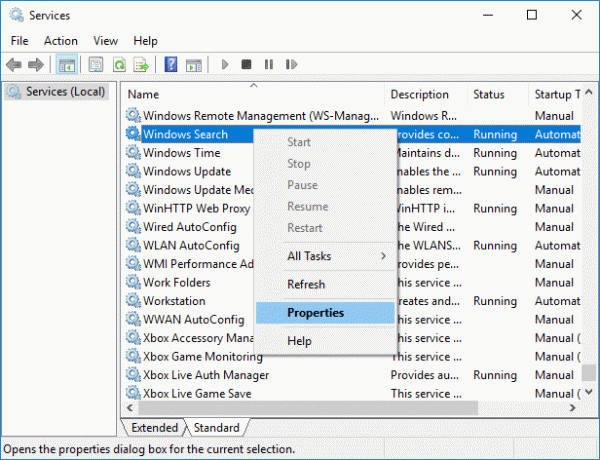 Høyreklikk på Windows Search-tjenesten og velg deretter Egenskaper | Rett opp søk som ikke fungerer i Windows 10