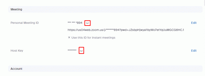 Noklikšķiniet uz pogas Acs, kas atrodas blakus personīgās sapulces ID un saimniekdatora atslēgai. 