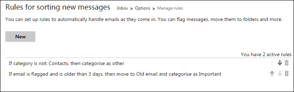 Reglas de Outlook Com activas
