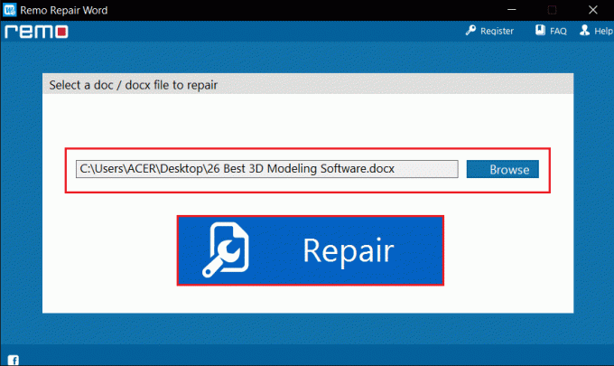 selecteer Word-bestand en klik op Repareren in Remo Repair Word Tool. Fix Word-bestandsmachtigingsfout in Windows 10