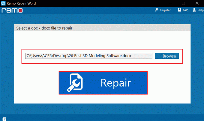 wybierz plik słowny i kliknij Napraw w Remo Repair Word Tool. Napraw błąd uprawnień do pliku Word w systemie Windows 10