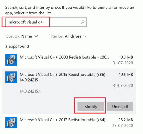 Noklikšķiniet uz pakotnes un atlasiet Modificēt | Kā salabot Microsoft Visual C++ atkārtoti izplatāmu