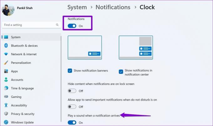 Ustawienia powiadomień aplikacji Zegar w systemie Windows