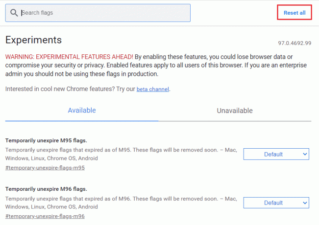 Klicken Sie auf der Seite mit den Chrome-Flags auf die Schaltfläche Alle zurücksetzen