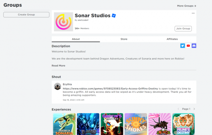 Страница Roblox на Sonar Studios