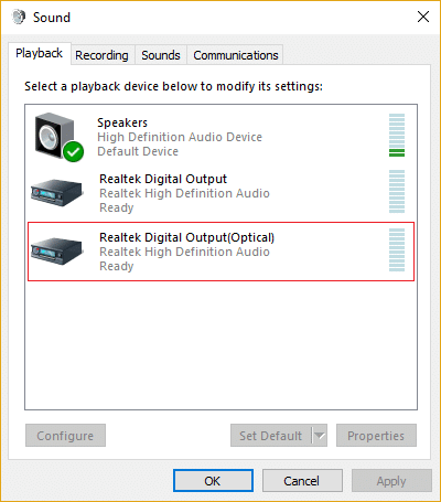 Z desno tipko miške kliknite možnost HDMI ali Digital Output Device in kliknite Nastavi kot privzeto
