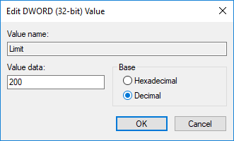 Limit DWORD를 두 번 클릭한 다음 Base 아래에서 Decimal을 선택합니다.