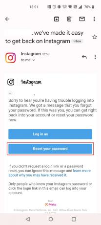 Otvorte poštu odoslanú z Instagramu a klepnite na Obnoviť heslo | 