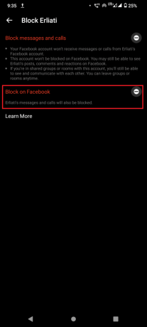 I nästa meny trycker du på Blockera på Facebook för att blockera personen.