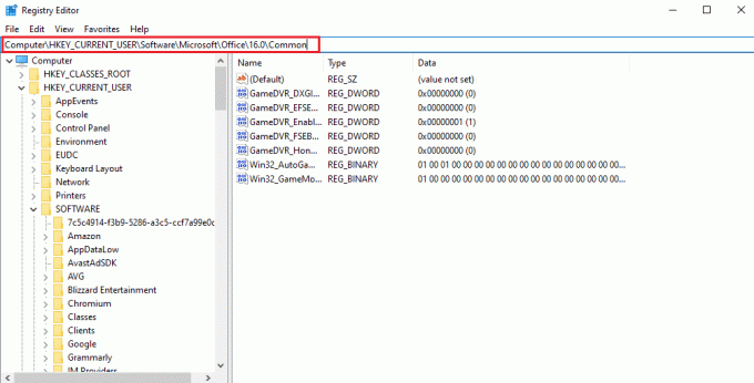 HKEY CURRENT USER 소프트웨어 Microsoft Office16.0 Common을 입력합니다. Outlook이 올바르게 작동하지 못하게 하는 오류가 발생했습니다.