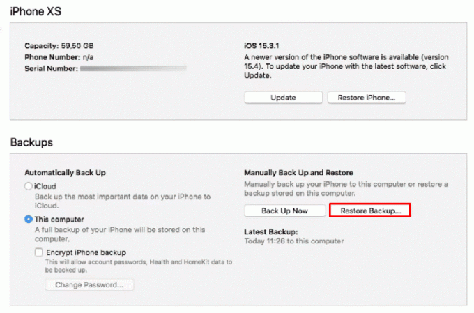 Ora nel menu del dispositivo, fai clic sull'opzione Ripristina backup, quindi seleziona un backup precedente che desideri ripristinare. | Come risolvere tutti i nomi dei contatti scomparsi su iPhone