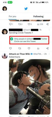 Circle Tweets worden weergegeven met een lichtgroene rechthoekige badge met de tekst Alleen mensen in de Twitter Circle van @YourUsername kunnen deze Tweet zien