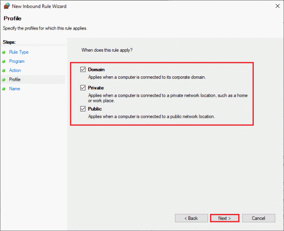 Sørg for at Domain Private Public-bokser er valgt og klikk på Neste. Reparer Steam Error Code 51 i Windows 10