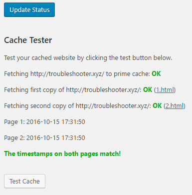 Testa cache framgångsrikt resultat WP Super Cache plugin