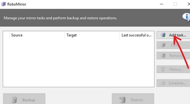 Spustelėkite parinktį Pridėti užduotį | Pridėkite grafinę vartotojo sąsają (GUI) prie „Microsoft Robocopy“.