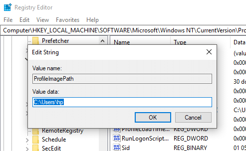לחץ פעמיים על 'ProfileImagePath' והזן שם חדש | כיצד לשנות את שם המשתמש של החשבון ב-Windows 10
