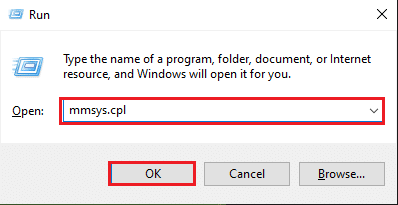 Ouvrez la boîte de dialogue Exécuter. Tapez mmsys.cpl et appuyez sur Entrée