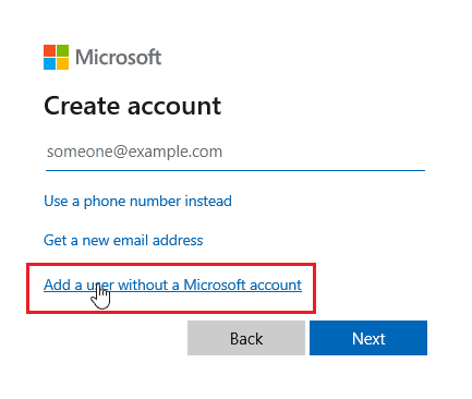 spustelėkite pridėti vartotoją be „Microsoft“ paskyros