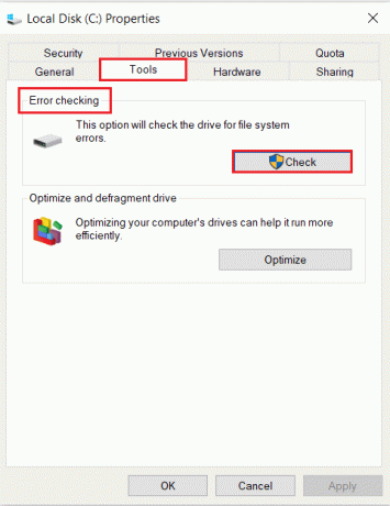 buka tab Tools dan klik tombol Check untuk Error Checking in local disk C Properties