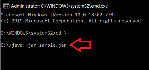 Въведете следната команда java -jar sample.jar и натиснете клавиша enter | Как да стартирате JAR файлове в Windows 10
