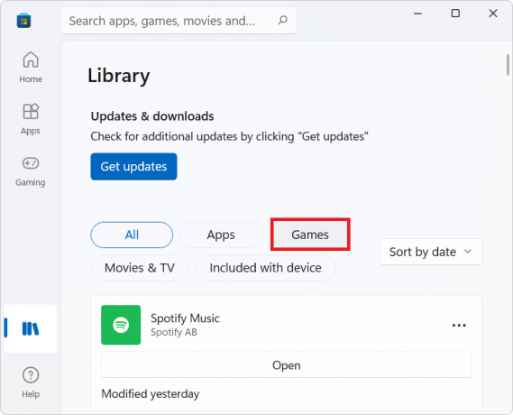 επιλέξτε την επιλογή Παιχνίδια στο μενού Βιβλιοθήκη του Microsoft Store. Πώς να διορθώσετε το Halo Infinite Όλα τα μέλη του Fireteam δεν βρίσκονται στο ίδιο σφάλμα έκδοσης στα Windows 11