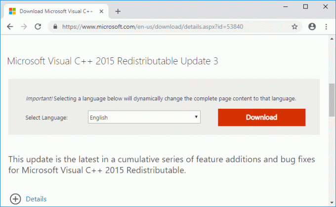 Noklikšķiniet uz lejupielādes pogas, lai lejupielādētu Microsoft Visual C++ atkārtoti izplatāmo pakotni