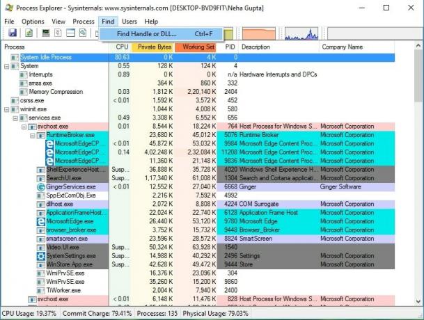 Noklikšķiniet uz tā un atlasiet Find Handle vai DLL. Tas parādīs Process Explorer Search mini logu.