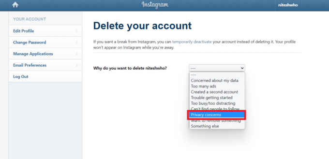 selecteer de gewenste reden waarom u het account wilt verwijderen | activeer mijn Instagram-account opnieuw binnen 7 dagen