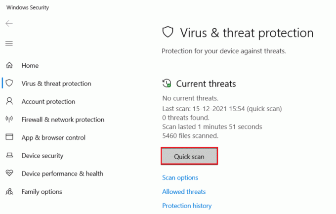 klik op Snelle scan in het menu Virus- en bedreigingsbescherming. Herstel onenigheid vast op het verbindingsscherm
