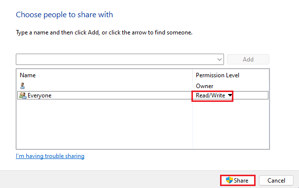 promijenite razinu dopuštenja na Čitanje ili pisanje i kliknite gumb Dijeli