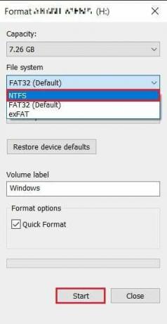 V okně Formát změňte souborový systém na NTFS