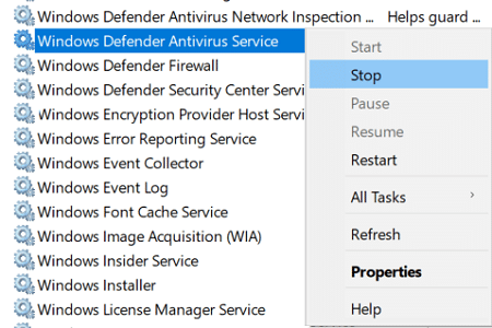 Щракнете с десния бутон върху антивирусната услуга на Windows Defender и изберете Stop