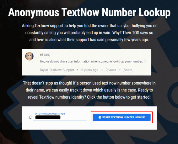 Klicken Sie auf TextNow-Nummernsuche starten.