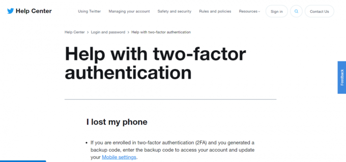 Страница помоћи за двофакторну аутентификацију на Твиттер-у