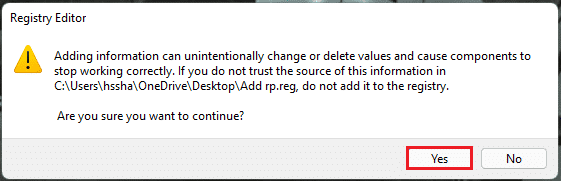 щракнете върху Да в подканата за потвърждение на редактора на системния регистър Windows 11