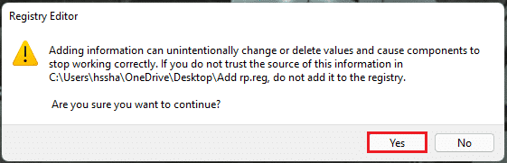 haga clic en Sí en el mensaje de confirmación del Editor del Registro Windows 11